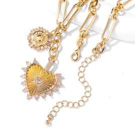 Zissunbeam Chunky Charm 18k Gold Plated Choker Necklace for Women,Sun Heart Evil Eye Pendant Paperclip Chain Necklace,Popular Summer Statement Vintage Jewelry Boho Necklaces for Women