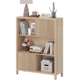 FATORRI Cube Bookshelf with 2 Doors, Wood Bookcase with Storage, Modern 5 Cubby Book Shelf for Home Office Living Room (Light Walnut)