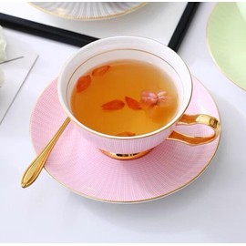 Eplze Bone China Cup and Saucer Set, 6.8oz Coffee Cup for Afternoon Tea- Embossed Texture (Pink)