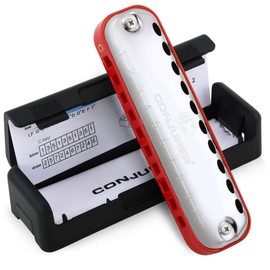 CONJURER Blues Harmonica for Kids Adult Beginners 10 Hole Diatonic Harmonica Key of C, Brass Reed Metal Mouth Organ C Key Blues Harp with Case, Red