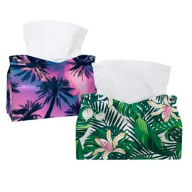 2 Pack Tissue Box Cover Holder, Palm Tree Leaves Rectangle Leather Tissue Case, Decorative Organizer for Tabletop, Bathroom, Car, Office