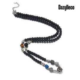 Mens Long Beaded Necklace Black Bead Necklace with Pendant Costume Jewellery Birthday Gifts for Him(24026)