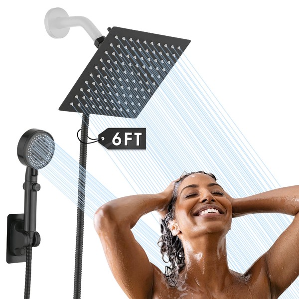 PROOX Dual Shower Head with Handheld Combo, High Pressure Square 8'' Rain Shower Head with Handheld ON/OFF Switch Button with 72 inch Extra Long Flexible Hose - Matte Black