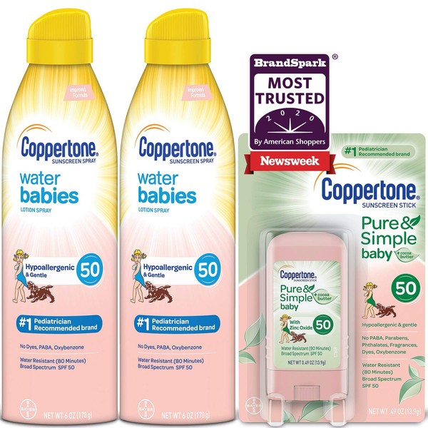 Coppertone WaterBabies SPF 50 Lotion Spray + Pure & Simple Baby Mineral SPF 50 Stick Multipack (6 Ounce Spray, Pack of 2 + 0.5 Ounce Stick)