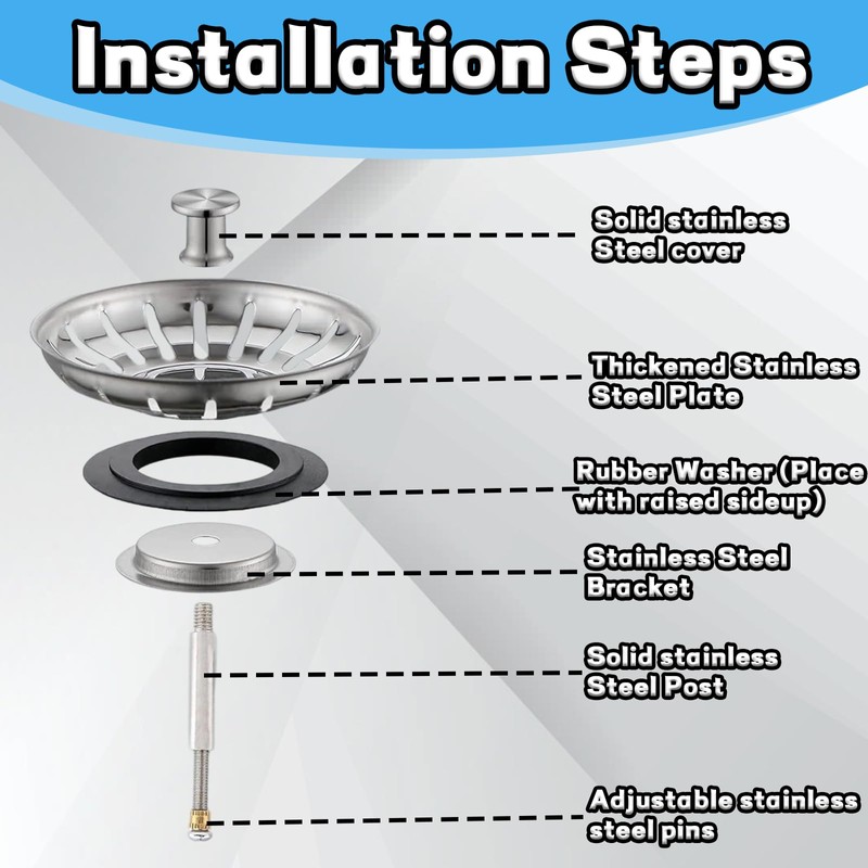 YEWCEP Sink Plug, Height-Adjustable Drain Strainer, Plug for Sink, Stainless