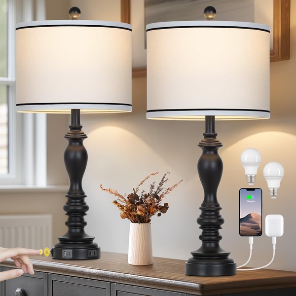 27.5" Farmhouse Table Lamp for Living Room, Black Lamps Set