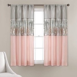 Lush Decor Night Sky Window Curtain Panel, Single, 442" W x 63" L, Gray & Blush - Sequin Curtains - Sparkle & Color Block Design - Modern Glam Decor - Short Curtains For Bedroom & Living Room