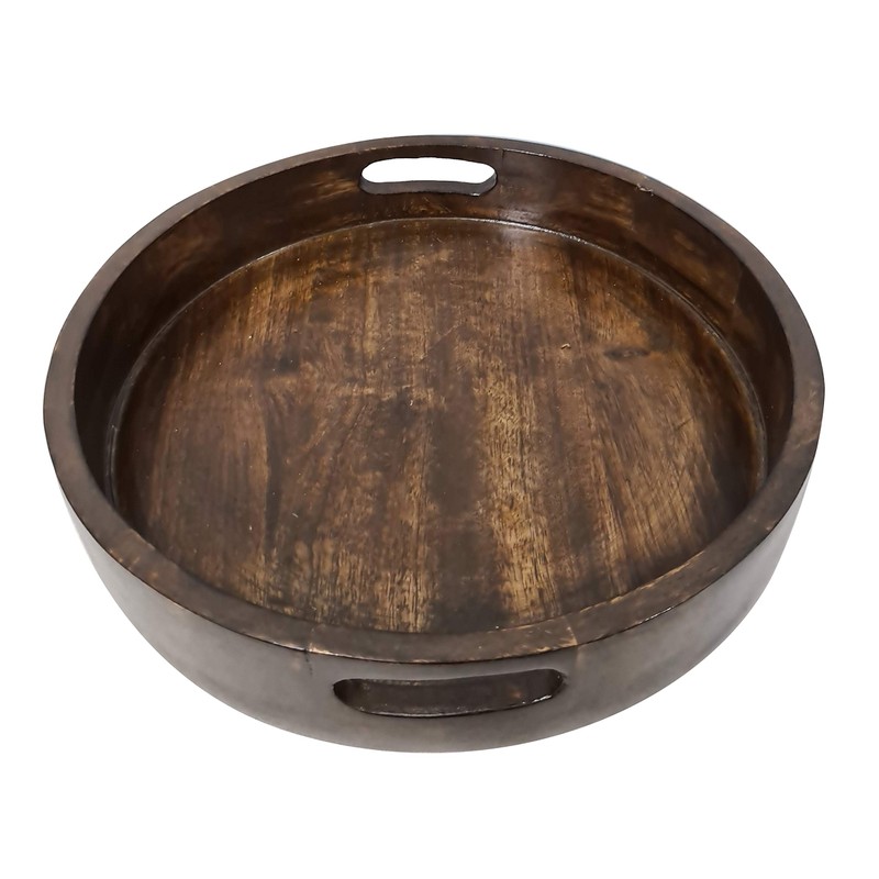 Hand Carved Wooden Round Platter with Handles Rustic Serving Tray,