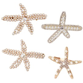 4Pcs Starfish Hair Clip Glossy Rhinestone Mermaid Hair Accessories Pearl Beach Seashell Hair Clips Sea Star Headpiece Aesthetic Beach Jewelry for Women Mermaid Costume Beach Wedding Parties