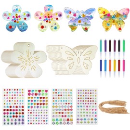24Stück Holz Blumen zum Bemalen Holzblumen Schmetterlinge Blumen Mit Aquarellstift Glitzersteine zum Basteln Holzherzen Deko für Basteln Kindergeburtstag Gebrtstagsdeko
