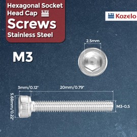Kozelo 100pcs Socket Head Cap Screws - [M3-0.5 x 20mm] 304 Stainless Steel Allen Socket Drive for Electrical Motor 3D Printing Fan Engine Replacement Use, Silver