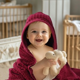 ORIGINAL KIDS Hooded Baby Towel - 100% Cotton Luxurious Jacquard Velour Baby Bath Towel with Hood - Boys Girls Infant Toddler - 550 GSM Soft Absorbent Newborn Bath Essentials - Large 30x30 - Burgundy