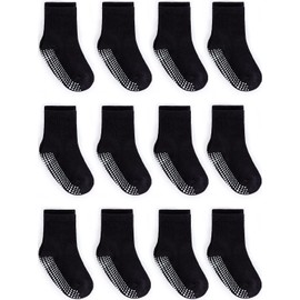 ZAPLES Baby Non Slip Grip Crew Socks with Anti Skid Soles for Infants Toddlers Kids Boys Girls, Black, 12-36 Months