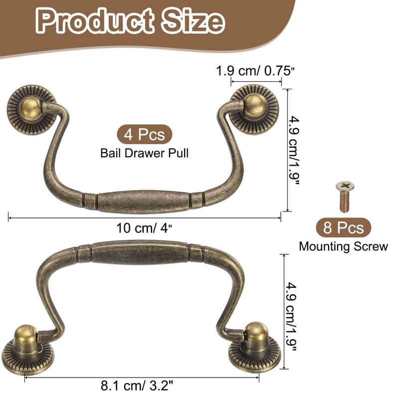 sourcing map 4pcs Bail Pull Handle, 4 Inch Bail Drawer