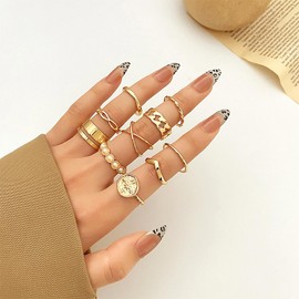 GIGB PBDK 14K Gold Stackable Ring Set Dainty Pearl Crystal Enamel Minimalist Knuckle Joint Charm Rings Trendy Statement Jewelry Accessories for Women (10Pcs)