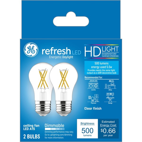 GE Lighting Refresh LED Light Bulbs, 60 Watt Eqv, Daylight HD Light, A15 Ceiling Fan Bulbs, Medium Base (2 Pack)