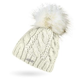 Neverless® Women's Knitted Hat Lined with Fleece Chunky Knit Cable Knit Fur Bobble Faux Fur Bobble Hat, 15579 cream