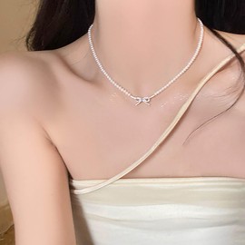 Cimenexe Bohemian Crystal Bow Choker Necklace Silver Cz Bow Tie Pendant Necklace Rhinestone Curved Bar Necklace Round Pearl Chain Necklace Jewelry for Women