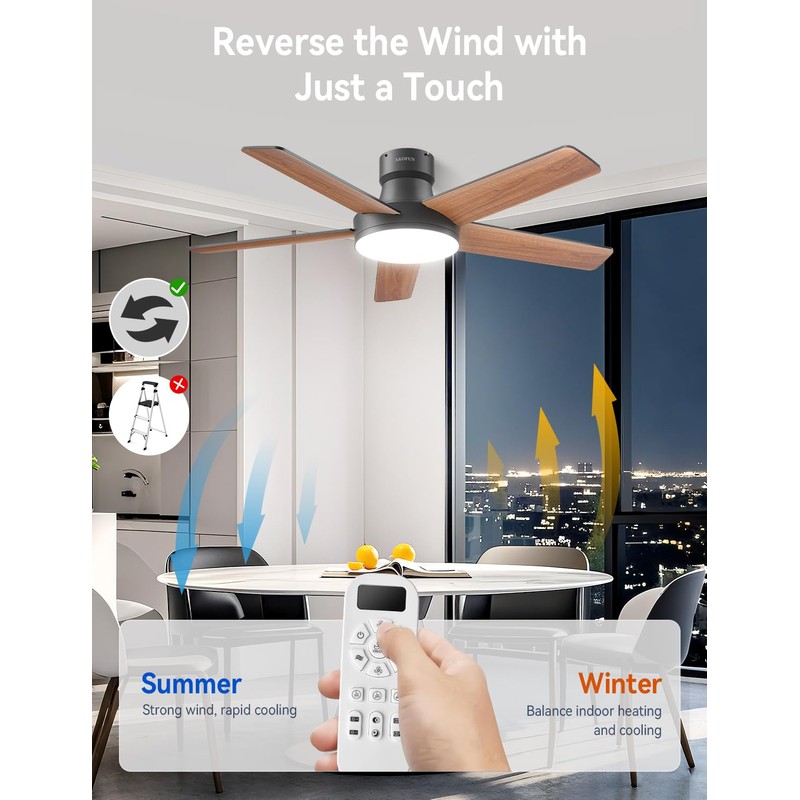AKOFUN Ceiling Fans with Lights, 44 Inch, 6 Speeds, Stepless