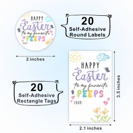 Happy Easter Sticker Kit - Happy Easter To My Favorite Peeps - 20 Round Sealing Label & 20 Gift Tags - Spring Paintings Style Gift Wrapping Sticker Set For Kids, Teacher, Party Favor & Decorations-A09