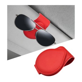 Magnetic Sunglass Holder for Car Visor, Leather Vehicle Sunglass Hanger Clamp Card Holder with Magnet, Universal Eyeglass Clamp Visor Ticket Organizer for Cars Trucks SUVs (Red)