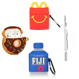 (3Pack) Case for AirPods 2nd/1st Generation with Cleaning kit, XMBYGY Cute Skin Design Silicone Cartoon Charging Case Protective Covers with Keychain for AirPods 1/2 Earbuds (D+F+M)