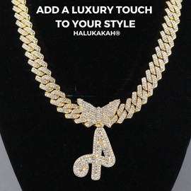 Halukakah 18K Real Gold/Platinum White Gold Plated Pendant Necklace for Men and Women - Over 1000 Diamonds - Cuban Link Chain - 3D Butterfly Letter Pendant - For Your Loved Ones, Brass, No Gemstone
