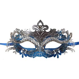 Vanki 1 PCS Masquerade Mask Laser Cut Metal Shiny Rhinestone Party Mask,Blue&Silver