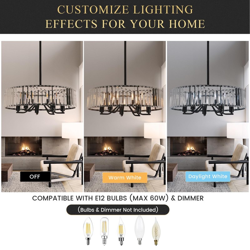 Black Crystal Chandelier for Dining Room, 6-Light Modern Semi Flush