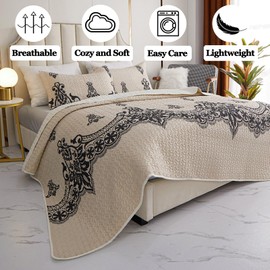 Kindred Home Damask Quilt King-Size Bedding Sets - Boho Lightweight Soft Cream Bedspread Set Coverlet 3 Pieces