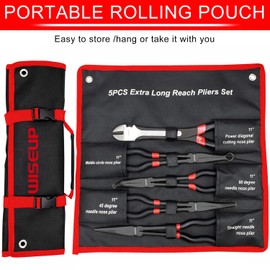 WISEUP 5Pcs Long Needle Nose Pliers Set ，Premium Carbon Steel，11" Long Reach Straight ，45° Bent Nose ，90° Bent Nose Plier，Diagonal Pliers for Narrow Spaces