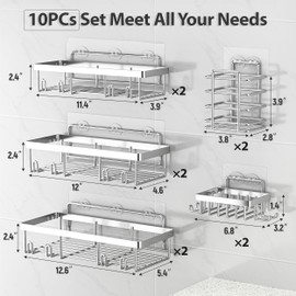 Liuoud 10 Pack Shower Caddy Organizer Rack Shelf for Inside Shower, Self Adhesive Wall Storage Basket Rustproof Stainless Steel Shampoo Holder Bathroom Accessory Decor Set, Silver