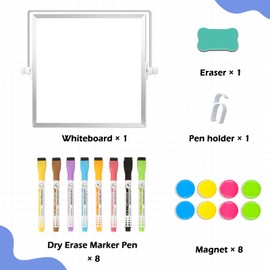 QUEENLINK Small Magnetic Whiteboard, 10" x 10" Double-Sided Desk Whiteboard with Stand, Portable White Board for Kids Drawing, Office, Home, School with 8 Colorful Markers, 6 Magnets, 1 Eraser