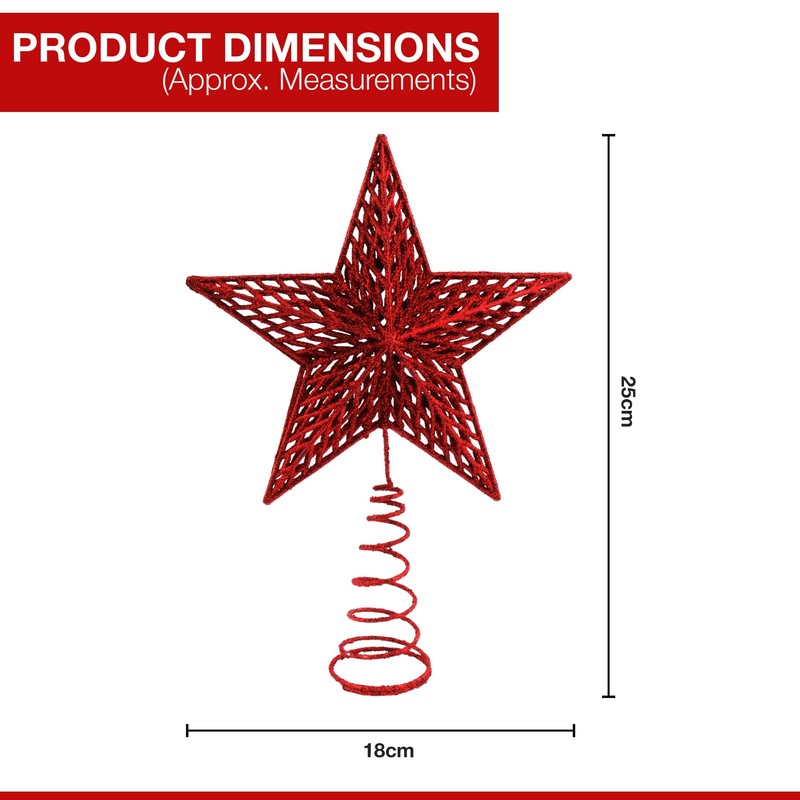 25cm Christmas Tree Star Topper - Red Glitter Hollow Xmas