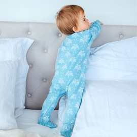 Organic Cotton Crossover Baby Sleepsuit with Feet - Aquatic Blue Palms and Pineapples, 3-6 MTHS