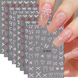 8Pcs Heart Bow Nail Art Stickers 3D Self Adhesive Valentines Day Nail Stickers for Nail Art Decoration White Red Pink Bow Tie Heart Love Nail Design Cute Nail Decals for Women Valentines Nail Supplies