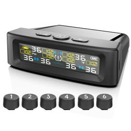 AOVSTOXIC RV Tire Pressure Monitoring System, 6-Wheel Real Time Wireless TPMS Sensors Set of 6 for Cars, SUVs & Light Trucks (0-9.9 BAR, 0-144 PSI, Solar/USB Charging)±3 PSI (6 Sensors)