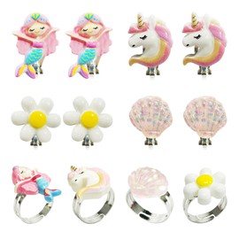 FveVqe 12 Pcs Clip On Earrings for Girls, Cute Clip on Earrings, Non Pierced Dress Up Jewelry Set with Bonus Kids Rings for Girls, Kids Rings for Hypoallergenic Play Accessories