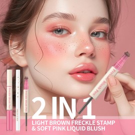 QIUFSSE Faux Freckle Stamp Blush Pen,2 in 1 Light Brown Fake Freckles Stamp & Soft Pink Liquid Blush with Freckle Pen,Long Lasting Waterproof,Ultra-realistic,Natural Sunkissed Effect