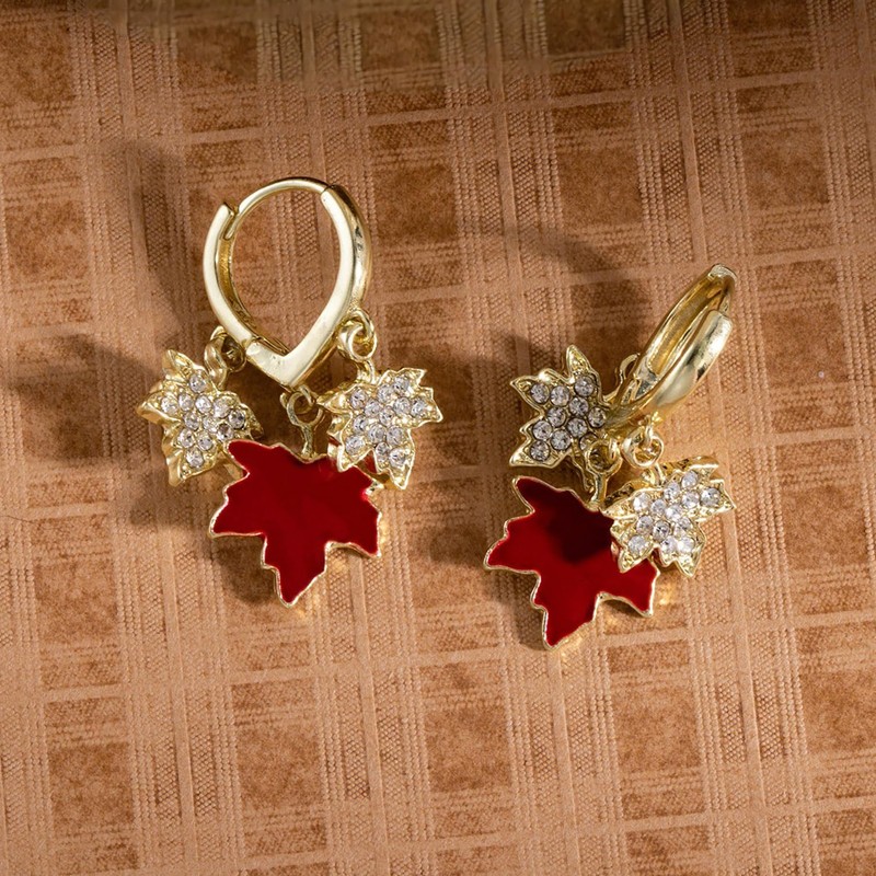 Maple Leaf Earrings for Women Autumn Thanksgiving Earrings Red Crystal