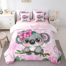 Erosebridal Cartoon Koala 7 Piece Comforter Set Queen Size,Cute Koala Bedding Set,Cherry Blossom Rose Bed in a Bag for Kids Baby Toddler Nursery Sheets,Butterfly Branch Leaves Quilt Duvet,Pink Grey
