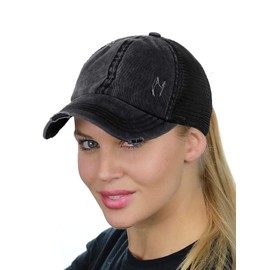 C.C Ponycap Messy High Bun Ponytail Adjustable Mesh Trucker Baseball Cap Hat, Distressed Black