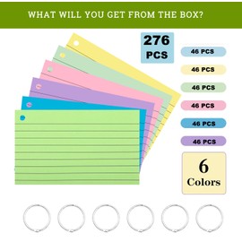 MIUTME 276PCS Index Cards With Ring,3x5 Inches Colored Flash Cards, Lined on Both Side Notecards Ruled Study Card Flashcards Heavy Note Cards for Studying,School, College (6 Colors)