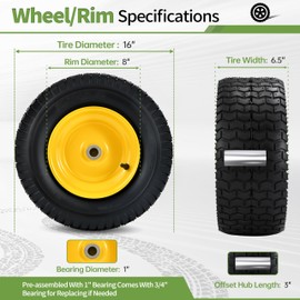 2 PCS 16x6.50-8 Tubeless Tire and Wheel, 4 Ply 16x6.5-8 Lawn Mower Tires,3"-7"Offset Hub,with 1"and 3/4"Bearing, Universal Fit Riding Mowers and Garden Tractor Front Wheel,35 Psi,715 Lbs Capacity