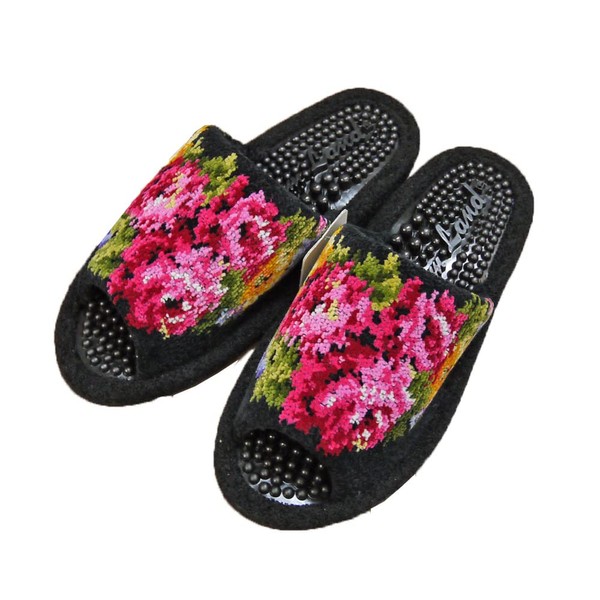 [AI] [Black L Size] Health Slippers, Made in Japan, Chenille Weave, For Those Up to 9.6 inches (24.5 cm), Chantily, Indoor, Rose Pattern, Open Front, Room Shoes, Women's, Stylish, Elegant, Cute, Rose, Black