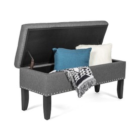 Adeco Storage Ottoman Bench, Fabric Rectangular Button Tufted Footrest, End of Bed Bench Footstool with Nailhead Trim for Living Room Bedroom (Dark Grey)