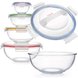 dokaworld Set of 5 Stackable Space-Saving Nesting Glass Bowls with BPA Free Lids for Foodprep, Storage, Baking, Mixing & Cooking, Microwave Safe - Durable Inert Borosilicate Glass