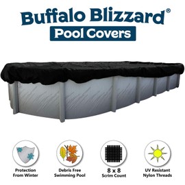 Buffalo Blizzard Bundle for 16-Foot-by-32-Foot Oval Above-Ground Swimming Pools | Deluxe Plus Blue/Black Reversible Winter Cover with 4-Foot Overlap | Mesh Leaf Net Cover Closing Kit