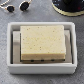 TOPSKY Ceramic Soap Dish Holder Stainless Steel for Bathroom, Double Layer, Self-draining Soap Tray, Say No to Mushy Soap, Easy Cleaning. (White)