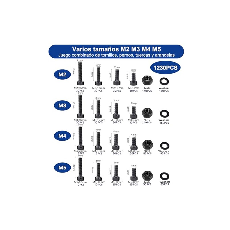 1230 Piezas Tornillos Métricos M2 M3 M4 M5, Acero Aleado